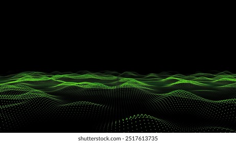 Abstract vector technology green wave with motion glowing dots. Dark cyberspace in digital background. Connection big data. Futuristic wireframe texture. Dynamic analysis a network connection.