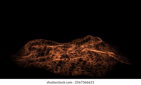 Abstract vector technology orange wave in the center with motion dots and lines. AI in virtual reality on digital background. Wireframe texture. Dynamic analysis a network connection data.