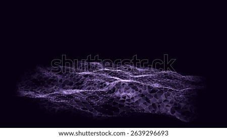 Abstract vector technology purple wave in the center with motion dots and lines. AI in virtual reality on digital background. Wireframe texture. Dynamic analysis a network connection data.