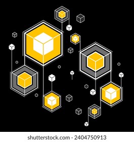 Abstract vector technology theme background with connected cubes over dark, geometric design linear connection, software network system.