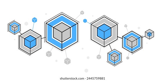Abstract vector technology theme background with connected cubes over dark, geometric design linear connection, software network system.