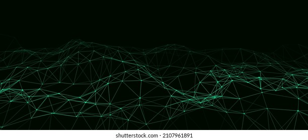 Abstract vector technology wave of particles. Big data visualization. Dark background with motion dots and lines. Artificial intelligence.