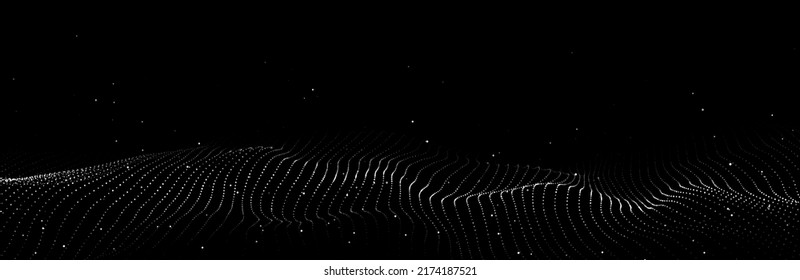 Abstract vector technology wave of particles. Big data visualization. Dark background with motion dots and lines. Artificial intelligence.
