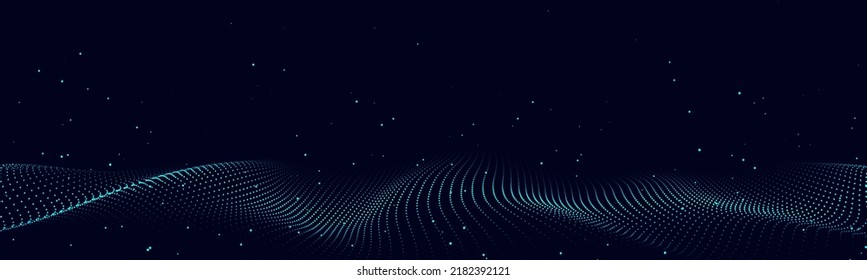 Abstract vector technology wave of particles. Big data visualization. Dark background with motion dots and lines. Artificial intelligence.