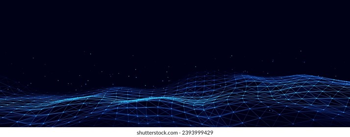 Abstract vector technology wave of particles. Big data visualization. Dark background with motion dots and lines. Artificial intelligence.