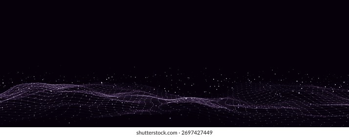 Tecnologia de vetores abstratos onda de partículas. Visualização de Big Data. Fundo escuro com pontos e linhas de movimento. Inteligência artificial.