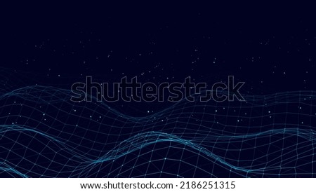 Abstract vector technology wave of particles. Big data visualization. Dark background with motion dots and lines. Artificial intelligence.