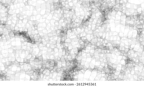 Abstract vector technology white wave top view with moving dots and lines. AI in virtual reality on digital background. Wireframe texture. Dynamic network connection data analysis.