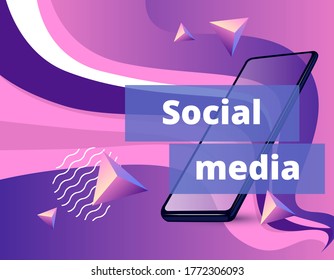 abstract vector template in blue and pink colors with geometric shapes and mobile phone