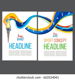 Abstract vector template design, brochure, Web sites, page, leaflet, with colored lines blue and yellow waves, sport symbols  logo 2017 and text separately. Icon sport torch with wavy stripes