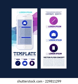 Abstract vector template flat design, flyer brochure, Web sites, page, leaflet, with colorful geometric triangular backgrounds, icons phone, logo and text separately for you.