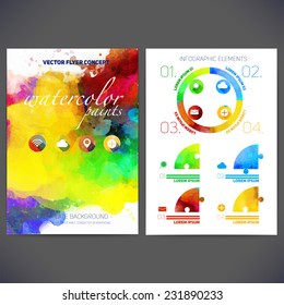 Abstract vector template flat design, flyer brochure, Web sites, page, leaflet, with colorful watercolor backgrounds, icons, logo and text separately for you.