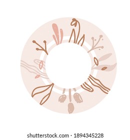 Abstract vector template with floral frame with leaves in trendy pastel beige and pink colors as a background for your social media content and banners or flyers. Isolated with empty space for text.