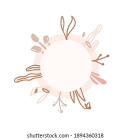 Abstract vector template with floral frame with leaves in trendy pastel beige and pink colors as a background for your social media content and banners or flyers. Isolated with empty space for text.
