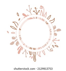 Abstract vector template with floral frame with leaves in trendy pastel beige and pink colors as a background for your social media content and banners or flyers. Isolated with empty space for text.