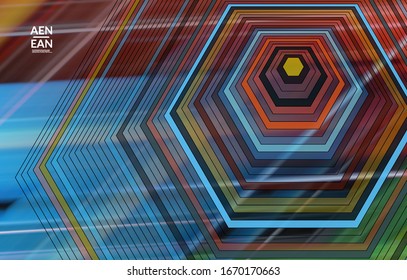Abstract vector template with futuristic multicolored wire frame geometric shapes. 3D mesh digital science model concept. Web technology cover design. Wavy lines and grid texture. Optical art pattern