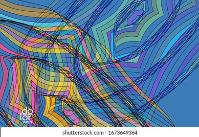 Abstract vector template with futuristic multicolored wire frame geometric shapes. 3D mesh digital science model concept. Web technology design. Wavy lines and grid texture. Optical art  pattern.