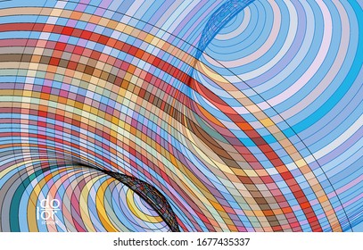 Abstrakte Vektorillustration-Vorlage mit futuristischen, mehrfarbigen Drahtrahmen-geometrischen Formen. 3D-Mesh-Digital-Science-Modell-Konzept. Webtechnologiedesign. Wavy Linien und Gitterstruktur. Optisches Kunstmuster.