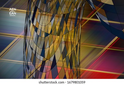 Plantilla vectorial abstracta con formas geométricas futuristas de armazón de alambre multicolor. Concepto de modelo de ciencia digital en malla 3D. Diseño de portada de tecnología web. Líneas onduladas y textura de rejilla. Patrón de arte óptico