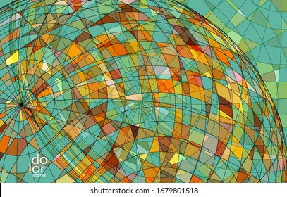 Abstract vector template with futuristic multicolored wire frame geometric shapes. 3D mesh digital science model concept. Web technology design. Wavy lines and grid texture. Optical art  pattern.