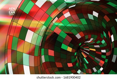 Plantilla vectorial abstracta con formas geométricas futuristas de armazón de alambre multicolor. Concepto de modelo de ciencia digital en malla 3D. Diseño de portada de tecnología web. Líneas onduladas y textura de rejilla. Patrón de arte óptico