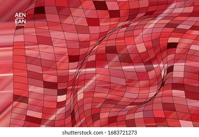 Abstract vector template with futuristic multicolored wire frame geometric shapes. 3D mesh digital science model concept. Web technology cover design. Wavy lines and grid texture. Optical art pattern