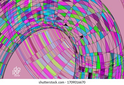 Abstract vector template with futuristic multicolored wire frame geometric shapes. 3D mesh digital science model concept. Web technology design. Wavy lines and grid texture. Optical art  pattern.