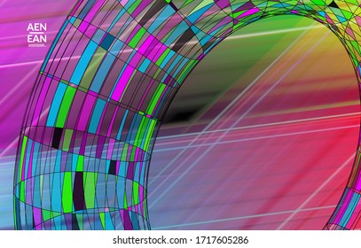 Abstract vector template with futuristic multicolored wire frame geometric shapes. 3D mesh digital science model concept. Web technology cover design. Wavy lines and grid texture. Optical art pattern