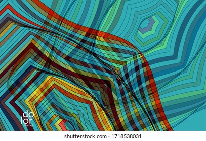 Abstract vector template with futuristic multicolored wire frame geometric shapes. 3D mesh digital science model concept. Web technology design. Wavy lines and grid texture. Optical art  pattern.