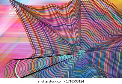 Abstract vector template with futuristic multicolored wire frame geometric shapes. 3D mesh digital science model concept. Web technology cover design. Wavy lines and grid texture. Optical art pattern