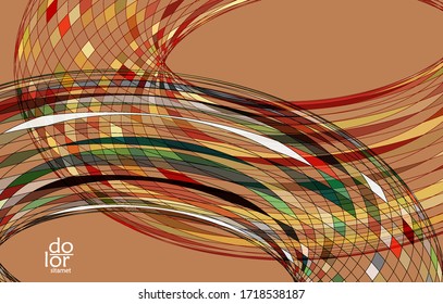 Abstract vector template with futuristic multicolored wire frame geometric shapes. 3D mesh digital science model concept. Web technology design. Wavy lines and grid texture. Optical art  pattern.