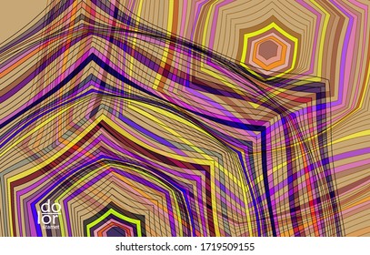Abstract vector template with futuristic multicolored wire frame geometric shapes. 3D mesh digital science model concept. Web technology design. Wavy lines and grid texture. Optical art  pattern.