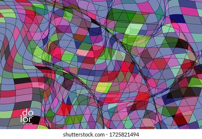 Abstract vector template with futuristic multicolored wire frame geometric shapes. 3D mesh digital science model concept. Web technology design. Wavy lines and grid texture. Optical art  pattern.