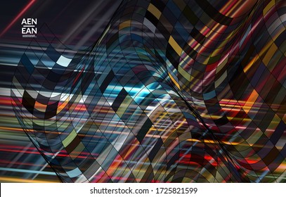 Abstract vector template with futuristic multicolored wire frame geometric shapes. 3D mesh digital science model concept. Web technology cover design. Wavy lines and grid texture. Optical art pattern