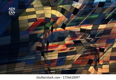 Abstract vector template with futuristic multicolored wire frame geometric shapes. 3D mesh digital science model concept. Web technology cover design. Wavy lines and grid texture. Optical art pattern