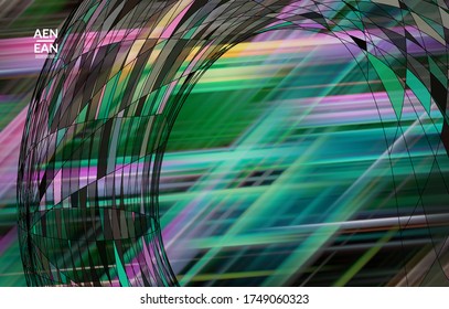 Abstract vector template with futuristic multicolored wire frame geometric shapes. 3D mesh digital science model concept. Web technology cover design. Wavy lines and grid texture. Optical art pattern