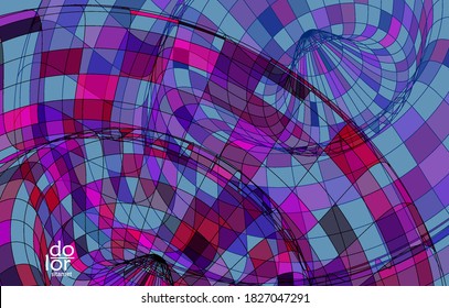 Abstract vector template with futuristic multicolored wire frame geometric shapes. 3D mesh digital science model concept. Web technology design. Wavy lines and grid texture. Optical art  pattern.