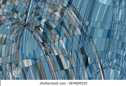 Abstract vector template with futuristic multicolored wire frame geometric shapes. 3D mesh digital science model concept. Web technology design. Wavy lines and grid texture. Optical art  pattern.