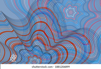 Abstract vector template with futuristic multicolored wire frame geometric shapes. 3D mesh digital science model concept. Web technology design. Wavy lines and grid texture. Optical art  pattern.
