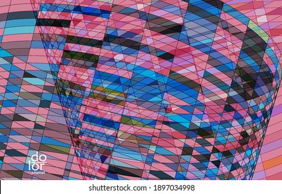Abstract vector template with futuristic multicolored wire frame geometric shapes. 3D mesh digital science model concept. Web technology design. Wavy lines and grid texture. Optical art  pattern.