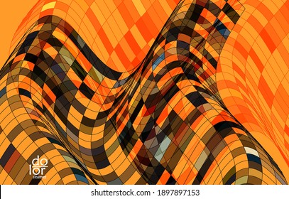 Abstract vector template with futuristic multicolored wire frame geometric shapes. 3D mesh digital science model concept. Web technology design. Wavy lines and grid texture. Optical art  pattern.