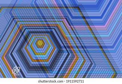 Abstract vector template with futuristic multicolored wire frame geometric shapes. 3D mesh digital science model concept. Web technology design. Wavy lines and grid texture. Optical art  pattern.