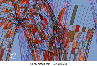 Abstract vector template with futuristic multicolored wire frame geometric shapes. 3D mesh digital science model concept. Web technology design. Wavy lines and grid texture. Optical art  pattern.