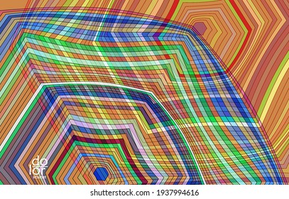 Abstrakte Vektorvorlage mit futuristischen, mehrfarbigen Drahtrahmen-geometrischen Formen. 3D-Mesh-Digital-Science-Modell-Konzept. Webtechnologiedesign. Wavy Linien und Gitterstruktur. Optisches Kunstmuster.