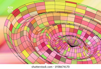 Abstract vector template with futuristic multicolored wire frame geometric shapes. 3D mesh digital science model concept. Web technology cover design. Wavy lines and grid texture. Optical art pattern