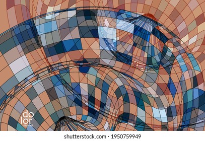 Abstract vector template with futuristic multicolored wire frame geometric shapes. 3D mesh digital science model concept. Web technology design. Wavy lines and grid texture. Optical art  pattern.