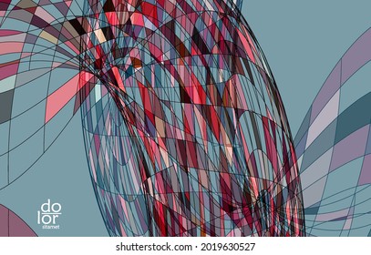 Abstract vector template with futuristic multicolored wire frame geometric shapes. 3D mesh digital science model concept. Web technology design. Wavy lines and grid texture. Optical art  pattern.