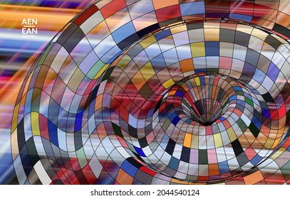 Abstract vector template with futuristic multicolored wire frame geometric shapes. 3D mesh digital science model concept. Web technology cover design. Wavy lines and grid texture. Optical art pattern