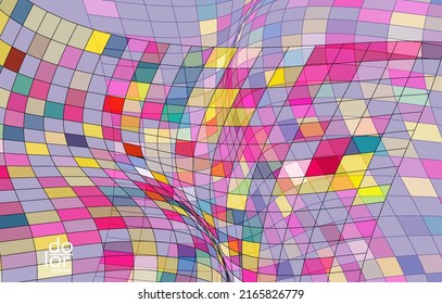Abstract vector template with futuristic multicolored wire frame geometric shapes. 3D mesh digital science model concept. Web technology design. Wavy lines and grid texture. Optical art  pattern.