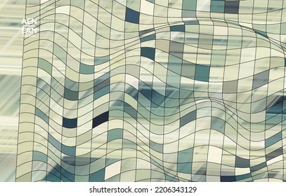 Abstract vector template with futuristic multicolored wire frame geometric shapes. 3D mesh digital science model concept. Web technology cover design. Wavy lines and grid texture. Optical art pattern